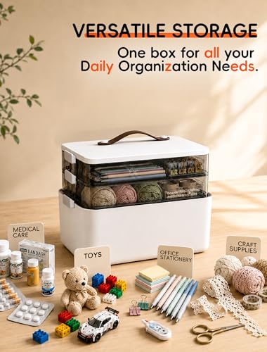 Image of Medicine Organizer Box, 3-Tier Medicine Storage Box with 7-Day Pill Case, Clear Trays and Carry Handle, Empty First Aid Kit Organizer for Pills and Bottles