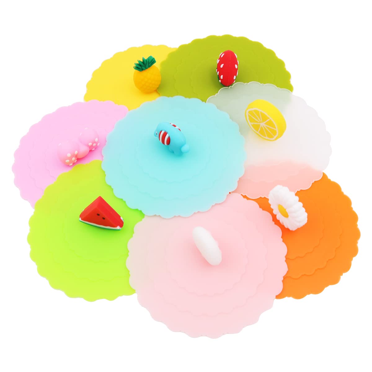 VOANZO 8 Pcs Cartoon Silicone Glass Cup Cover Reusable Anti-Dust Cup Covers Creative Cute Coffee Drink Cover (8 Colors)