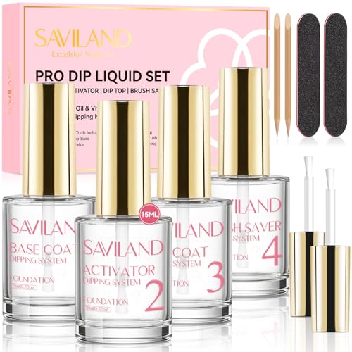 SAVILAND Dip Powder Liquid Set 15 ml/0.5 oz 10 Pcs Nail Dip Liquid Set with HEMA-free Base/Top Coat Activator Brush Saver Acrylic Gel Nail File No Curing Needed DIY Home Salon Quality