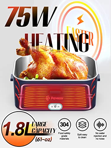 Pavezo Electric Lunch Box [Faster-75W, Large-1.8L] Food Heated Lunch Box, 12V/24V/110V Food Warmer Lunch Box For Car Truck Home, With Airtight Lid, Ss Container, Fork Spoon, Carry Bag #TOP1
