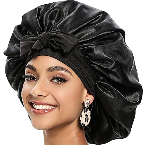 Capó de satén para mujer, capó de satén XL para dormir con cabello rizado, capó de pelo para mujer, trenzas de satén, capó de seda con banda elástica (color negro) Cover