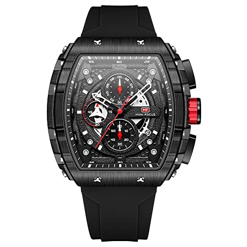 Mini Focus Military Sport Watches for Men Fashion Waterproof Luminous Chronograph Quartz Wristwatch with Auto Date Tonneau Dial Silicone Strap Black