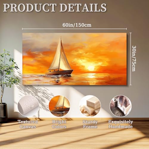 SERIMINO Ocean Sunset Wall Art, Sailboat on Sea Extra Large Artwork, Nautical Landscape Canvas Art Prints, Still Life Aesthetic Paintings Wall Decor Living Room Bedroom Home Office Hotel 30"X60"