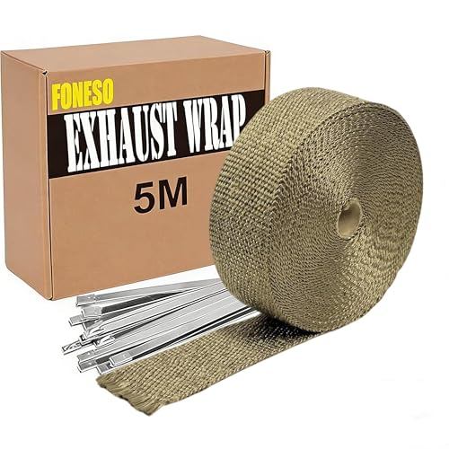 Foneso Exhaust Heat Wrap 5M Titanium Exhaust Muffler Tape Fiberglass Heat Shield Header Wrap for Car Motorcycle Pipes with 10 Pcs Stainless Steel Ties