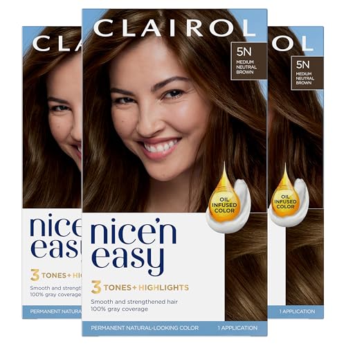 Clairol Nice’n Easy Permanent Hair Dye, 5N Medium Neutral Brown Hair Color, Pack of 3