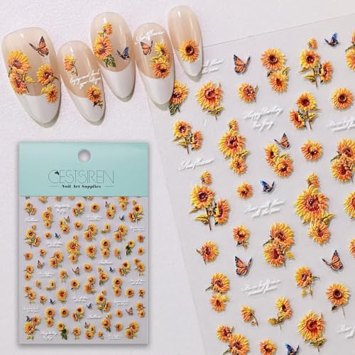 CESTSIREN Sunflower Nail Art Stickers, Embossed Floral Nail Decals, Self-Adhesive, Summer Spring Accessories for Women, Nail Decorations