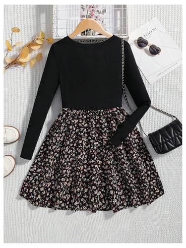 MakeMeChic Girl's Floral Print Crew Neck High Waisted Mini Dress Long Sleeve Flared Dresses2