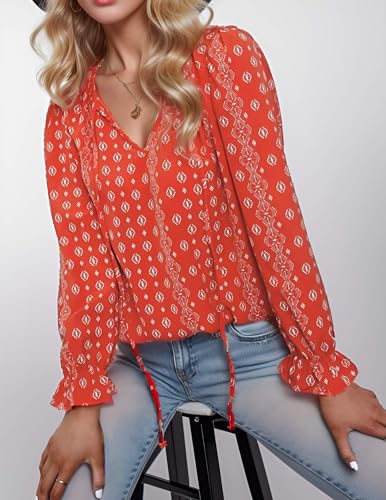 Womens Boho Floral Printed Blouse Dressy Tops Drawstring Casual V Neck Lantern Long Sleeve Shirts3