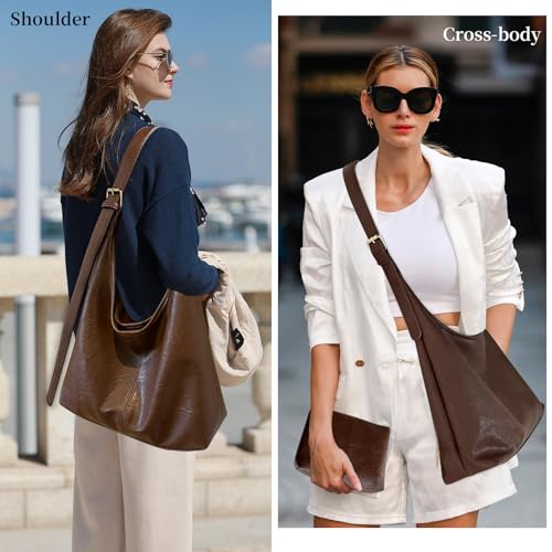 MaijjLyn Hobo Bags for Women Tote Bag Retro PU Leather Shoulder Handbags Slouchy Crossbody Hobo Purses with Coin Purse 2PCS Brown — view 2
