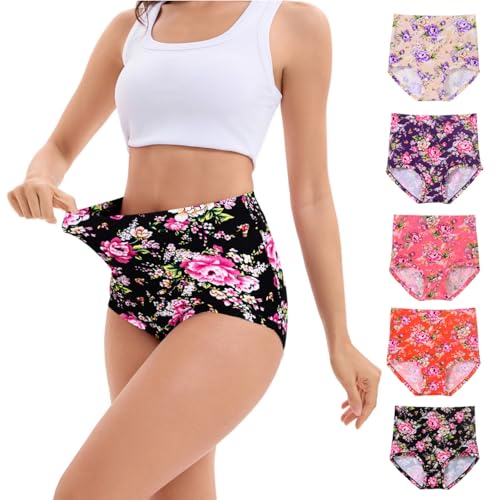 Womens Underwear Tummy Contril Panties for Women Pack High Waisted Women's Briefs Underwear Full Coverage 2025 Fashion Floral Printed Ladies Panty Multipack(B Assorted,L)
