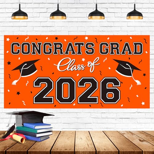 Image of 2026 Graduation Party Plastic Backdrop - 65 inch x 32.7 inch Congrats Grad Banner in Orange, Large Class of 2026 Decorations, Photography & Grad Party Supplies