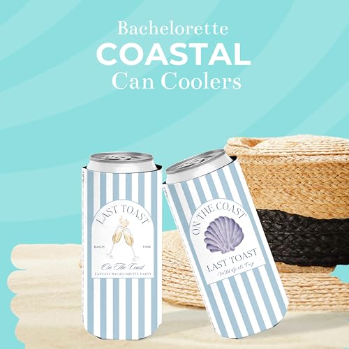 Image of Last Toast On The Coast Bachelorette Slim Can Sleeves - 12 Pack Beach Bachelorette Party Beer Cozy Bulk, Funny Skinny Soda Can Coolers for Bachelorette Party Accessories