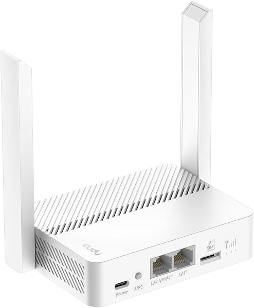 Vista frontal del router Cudy LT300 mostrando sus antenas y puertos.