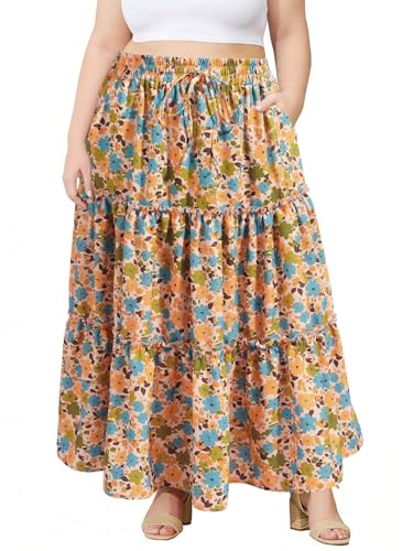 Image of Moon Wood Plus Size Maxi Skirts for Women Trendy Long Flowy Boho Tiered Skirt Renaissance Summer Beach Skirt with Pockets