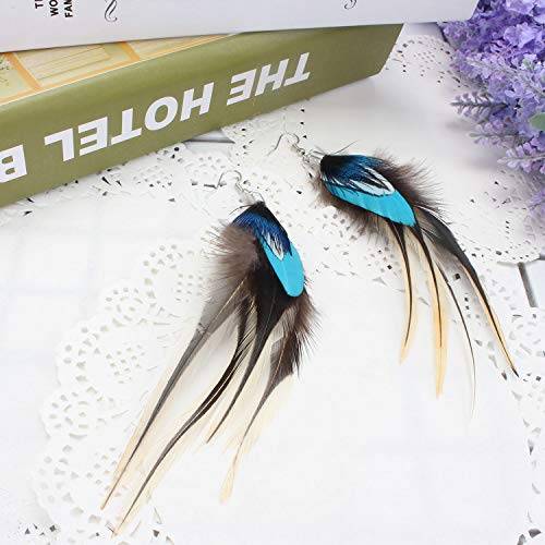 Native Feather Dangle Earrings for Women Long Peacock Boho Hook Earring - Image 5