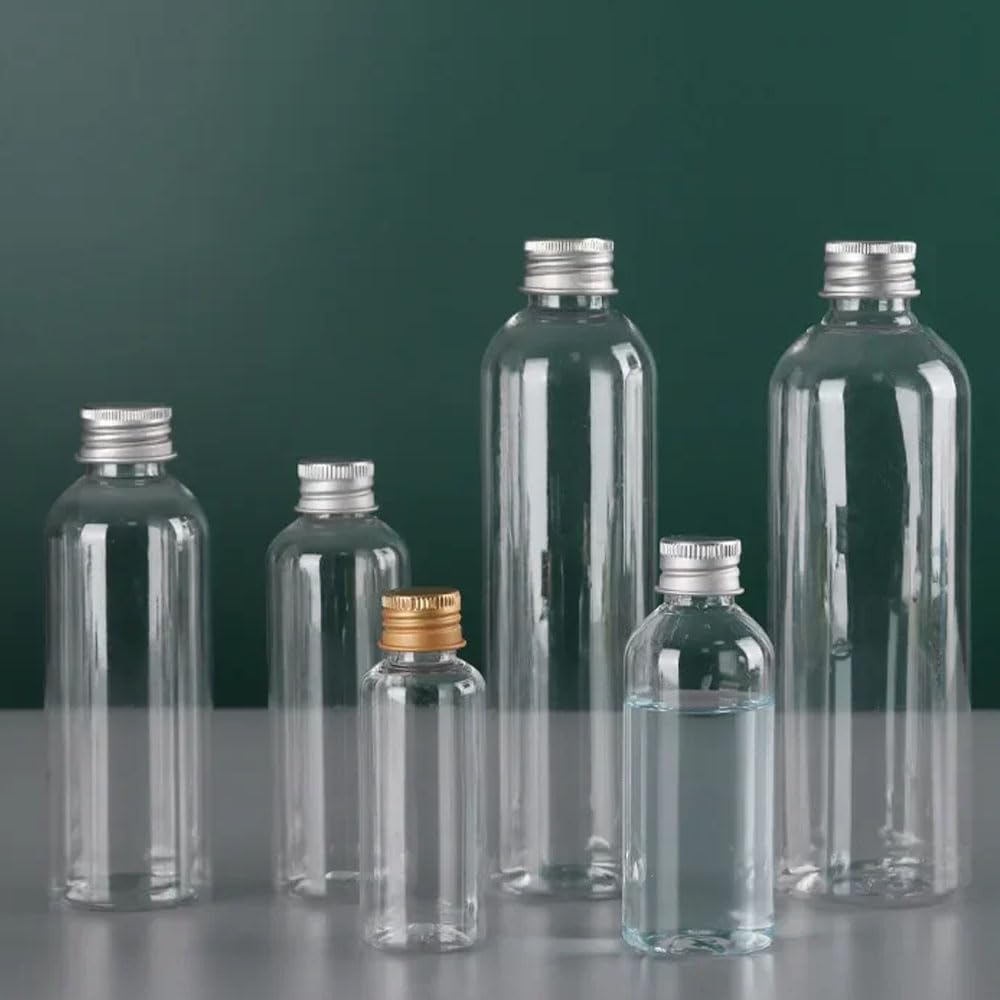 50 Stück 5-500ml Leere Plastikflaschen Mit Aluminiumkappe Fläschchen Probenflaschen Transparenter Behälter Für Reisen Kosmetische Lotion-Probenflasche Tragbare Reise-leere (Silberne Deckel,250ML)