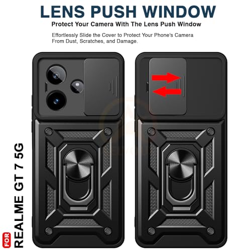 Image of Armor Bumper Back Cover Case for Realme GT 7 5G / Realme GT 7T 5G / GT 7 Dream Edition Rotating Camera Cover, Ring Holder & Kickstand | Heavy Duty & 360 Degree Protection Back Cover (Black)