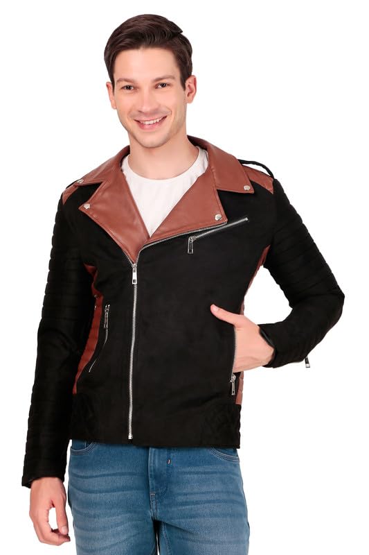 Leather Retail Men’s Casual Suede Leather Motor Cycle Jacket (Black)