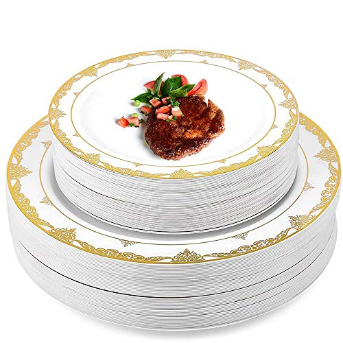 Plastic Plates, 100 Piece Gold Heavy Duty Plastic Dinner Plates, 10.25inch Disposable Plastic Dinnerware Plates and 7.5inch Dinner Dessert Plates Tableware Sets Disposable Plates for Wedding,Party