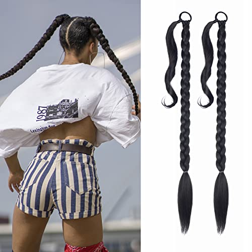 2 Pack Long DIY Braided Ponytail Extension with Hair Tie Straight Wrap Around Hair Extensions Ponytail(2#)