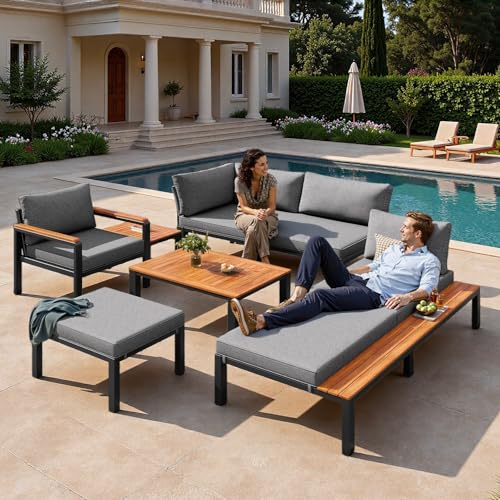 Sapgaks Ensemble de Salon de Jardin extérieur pour 6 Personnes,Structure en métal Robuste,Coussins Respirants et Tables en Bois,canapé 2 Places + Chaise...