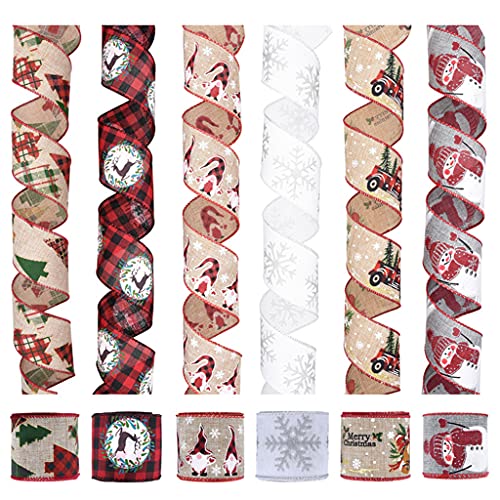 6 Roll Christmas Polyester Ribbon Cartoon Heart Tree Candy Cane Stocking Pattern String for Craft Gift Package