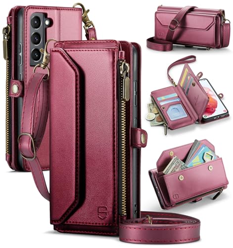 Strapurs Crossbody Wallet Case Compatible with Samsung Galaxy S21 5G RFID Blocking Card Holder Soft PU Leather Magnetic Snap Shoulder Strap Zipper Pocket Phone Case Fit for Galaxy S21 6.2