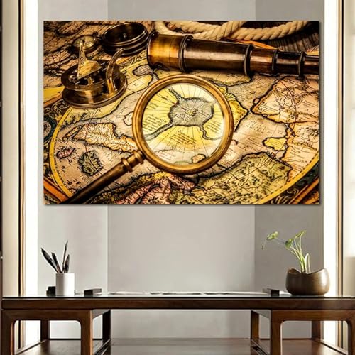 Carte marine avec loupe cadeau idéal pour passionné de mer : toile artistique 40 x 60 cm