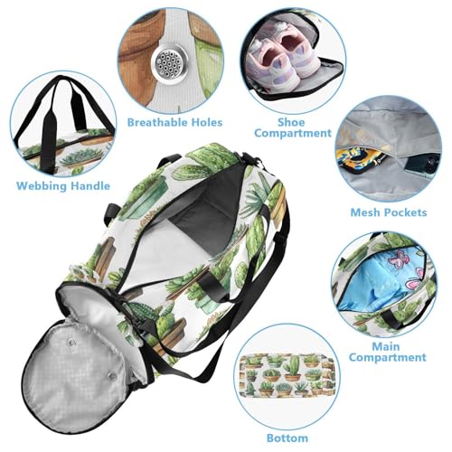 YETTASBIN Sport Travel Duffel Bag for Girls Boys, Cactus Large Waterproof Weekender Overnight Bag, Detachable Shoulder Strap Gym Bag with Shoe Compartment & Wet Pocket4