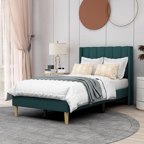 Image of AGARTT Upholstered Platform Bed Frame Twin Size, Ink Green Velvet
