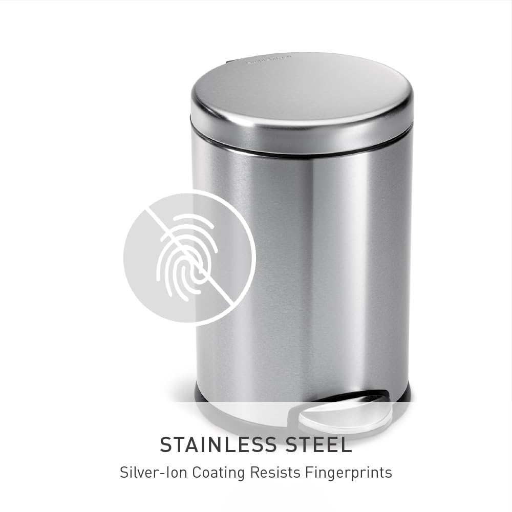 simplehuman 4.5 Liter / 1.2 Gallon Round Bathroom Step Trash Can, Brushed Stainless Steel
