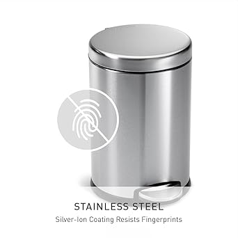 simplehuman Round Step Can, 4.5L / 1.2 Gallon Compact Bathroom Trash Can, 150,000-Step Pedal, Lid Shox Silent Close, Removable Inner Bucket, Brushed Stainless Steel