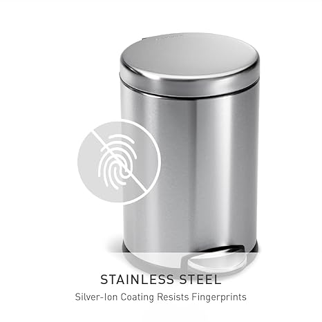 simplehuman Round Step Can, 4.5L / 1.2 Gallon Compact Bathroom Trash Can, 150,000-Step Pedal, Lid Shox Silent Close, Removable Inner Bucket, Brushed Stainless Steel