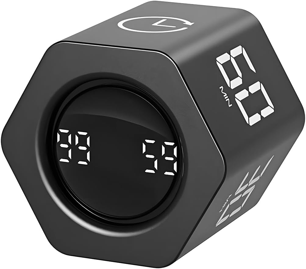 Qumox F6 Pomodoro Timer Cube, Hexagon Productivity Gravity Timer, Flip Clock, Silent, Vibrate & Sound Alarm Ideal for Work, Office, ADHD, Study, and Tasks - 1/5/10/30/60 Min & Stopwatch Mode - Black