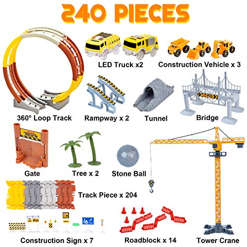 Construction Race Track Set for Kids, 240PCS Flexible Car Race Track with 2 LED Trucks, Race Track Playset with Liftable Tower Crane, Best Construction Toy Gift for 3 4 5 6 Year Old Boys and Girls - Thumbnail 7