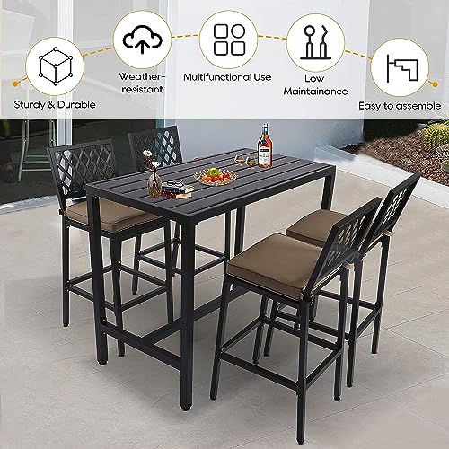 5-Piece-Outdoor-Patio-Bar-Set-Bar-Height-Patio-Dining-Set-Weather-Resistant-Bistro-Counter-Pub-Set-with-Cushions-Slatted-Tabletop-for-Backyard-Garden-Yard 5 Piece Outdoor Patio Bar Set Bar Height Patio Dining Set Weather Resistant Bistro Counter Pub Set with Cushions Slatted Tabletop for Backyard Garden Yard