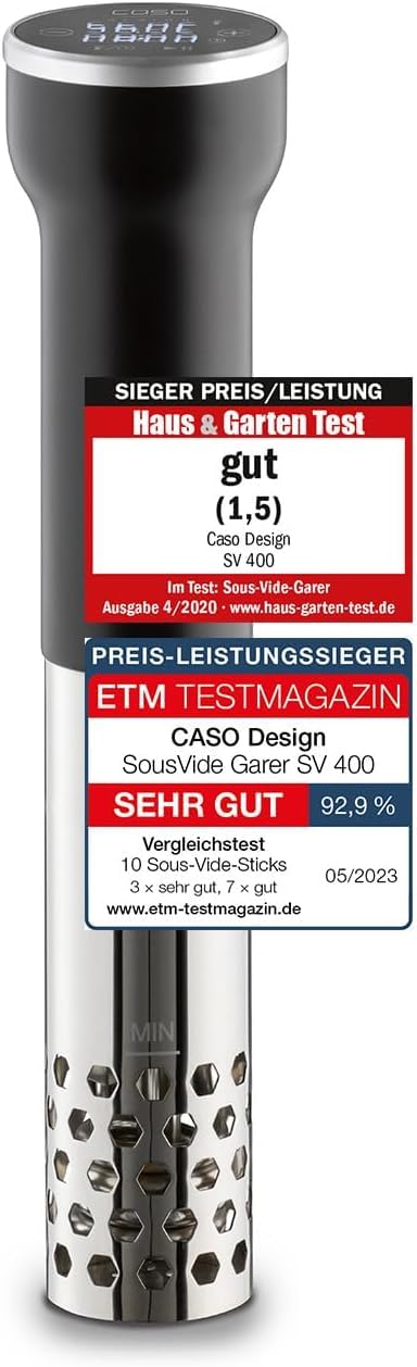 CASO SV400 Sous Vide Stick, für Behälter bis 20l Volumen, 25-90°C in 0,5°C Schritten, IPX7 & VC10 Vakuumierer - Vakuumiergerät, 30cm lange & stabile Schweißnaht, inkl. 10 Profi-Folienbeutel