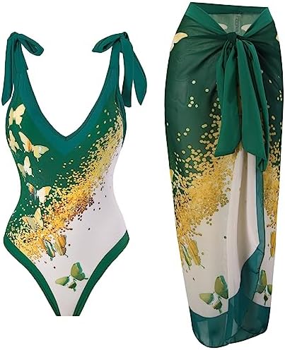 Women's One Piece Swimsuit with Cover up Beach Skirt Butterfly Floral Printed Swimsuit Bathing Suit Ruffle V-Neck Monokini Swimwear Sarong Coverups Two Piece Bikini Set Beachwear Green Butterfly L