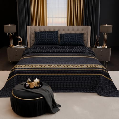 Image of Stoa Paris 100% Bamboo Cotton King Size Bedsheet with 2 Pillow Covers, 200TC Printed Bedding Set, Breathable, All-Season Comfort, Aesthetic Home Decor, Imperial Grandeur - Obsidian Suite(228cmx274cm)