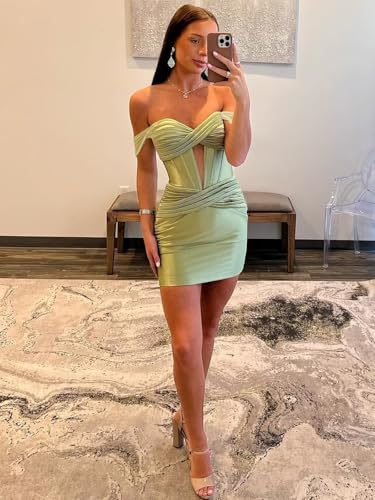 SNOWROSE Satin Homecoming Dresses for Teens 2025 Off Shoulder Short Tight Ruched HOCO Formal Cocktail Party Dress2