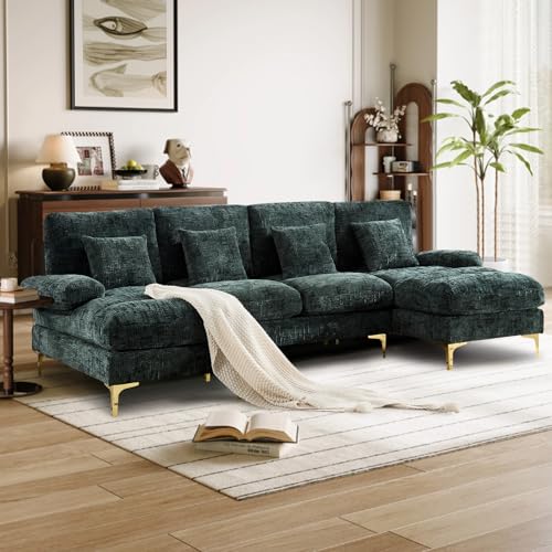 SoarFlash Sofá Seccional Chenille en Forma de U de 4 Asientos, Función de Reclinación Doble, Marco de Madera Resistente & Patas de Metal Dorado, Verde