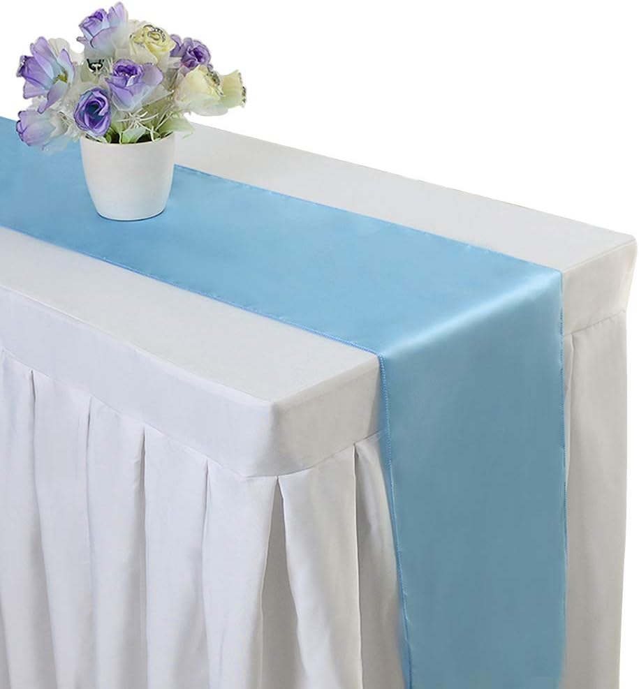 Gold Fortune 10 Pack Satin Table Runners - 12x108 Inch, Wedding & Party Decor,Bright & Smooth,Elegant Banquet Tablecloth for Birthday, Buffet, Graduation, Dinner (Light Blue)