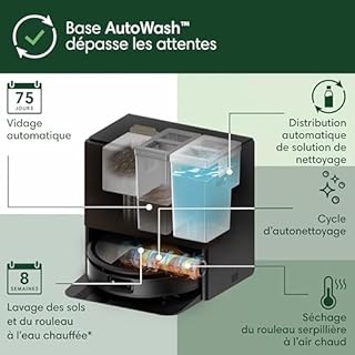 iRobot Roomba Max 705 Combo + Base AutoWash, Rouleau serpillière PowerSpin, Protection du Rouleau, Deux brosses, Vidage Automatique, Séchage du Rouleau à l’air Chaud, évite Les Objets, LiDAR, Noir