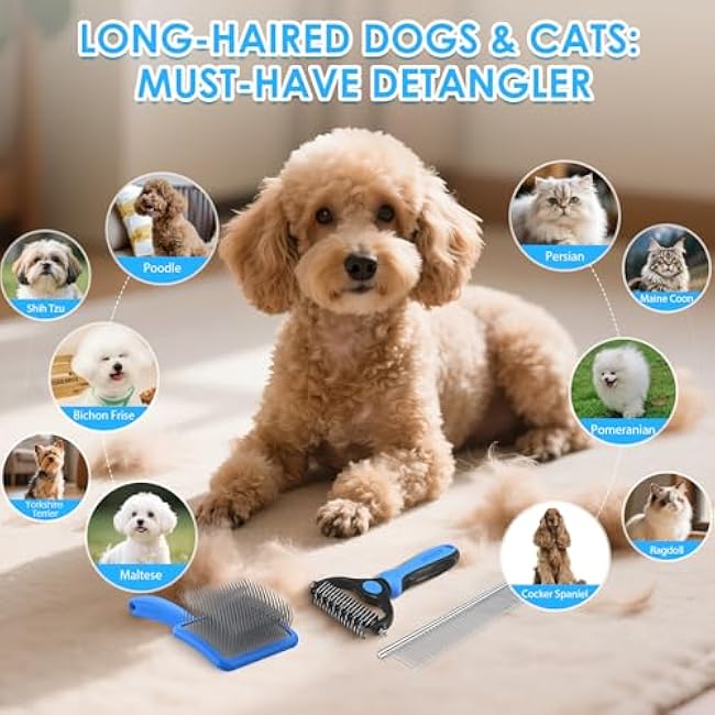 Large Slicker Brush for Dogs - 3PC Pet Grooming Kit - Undercoat Rake & Stainless Comb | Long Pins Remove Mats on Poodles, Golden, Labradoodles | Thick Coat Deshedder for Dogs, Cats, Blue-s80QHP8p