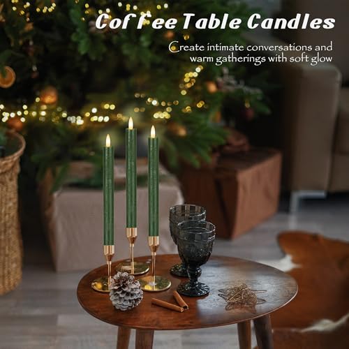 Image of JOIONE Green Flameless Taper Candles with Remote, 3 Pack Christmas Decor | Battery Operated LED, Real Wax, Remote Control, Warm Flickering Glow, Safe Christmas Home & Party Decor