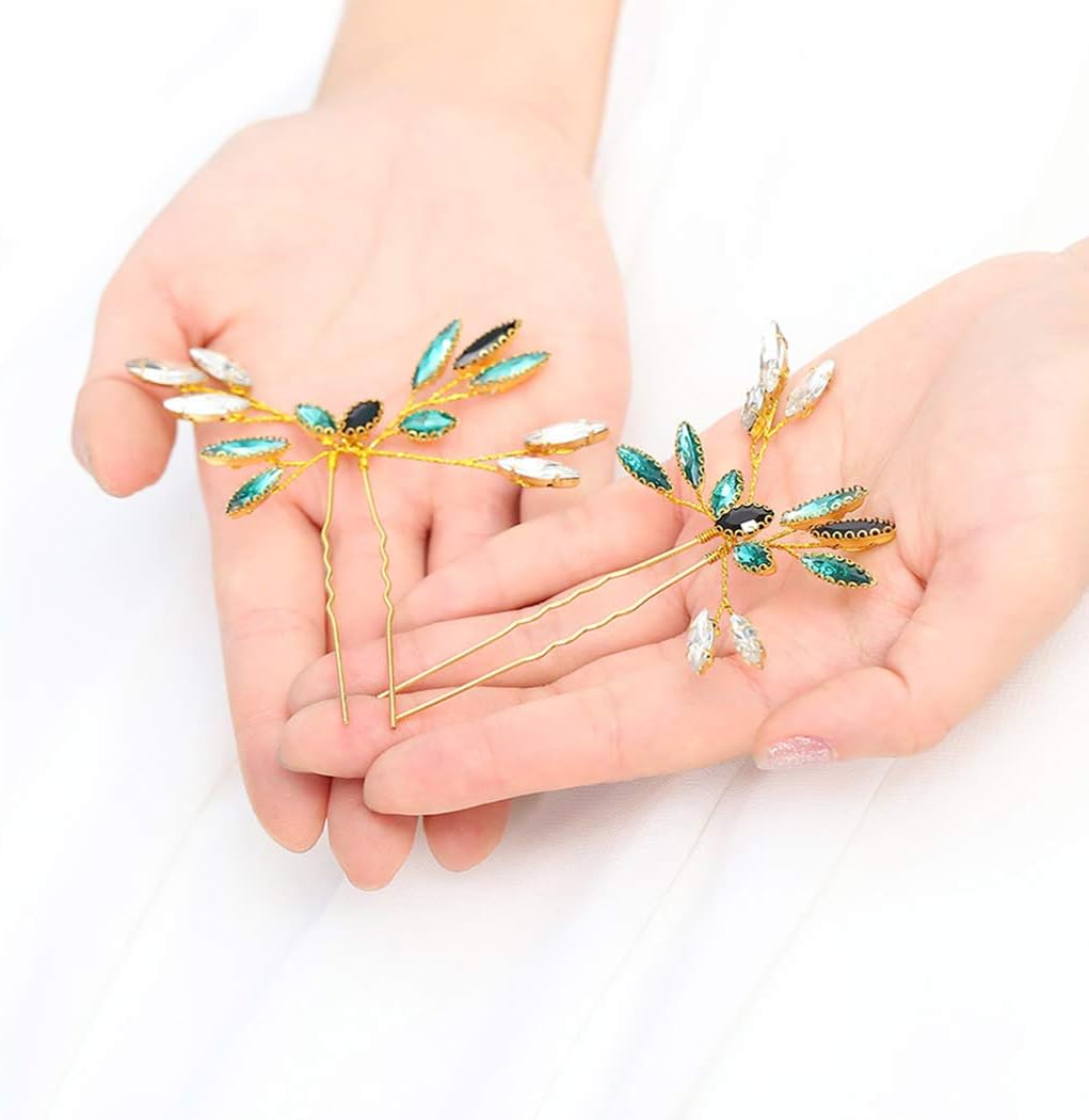 FstrendBride Wedding Hair Pins Green Crystal Headpieces Gold Bridal Hair Accessories Jewelry for Women and Girls Set of 2…