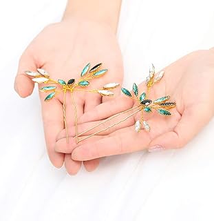 Fstrend Bride Wedding Hair Pins Green Crystal Headpieces Gold Bridal Hair Accessories Jewelry for Women and Girls Set of 2â€¦