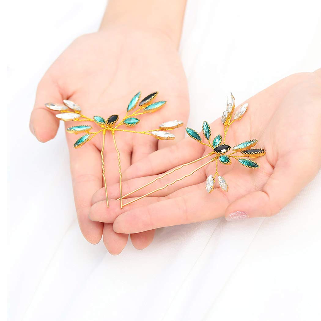 FstrendBride Wedding Hair Pins Green Crystal Headpieces Gold Bridal Hair Accessories Jewelry for Women and Girls Set of 2…