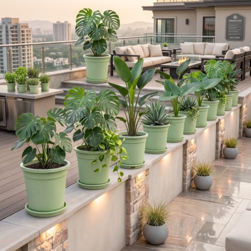 Image of 12 Inch Glossy Plastic Planter with Bottom Plate | Heavy Duty Flower Pot with Tray for Indoor Home Decor, Balcony, Living Room & Outdoor Garden (3 Pot, Mint Sparkle)