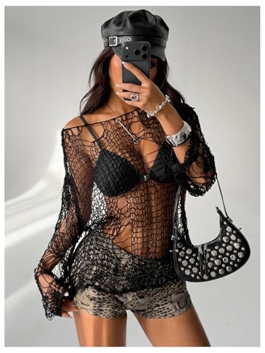 Image of SHENHE Women's Distressed Grunge Bikini Coverup Y2k Gothic Hollow Out Rock Concert Top